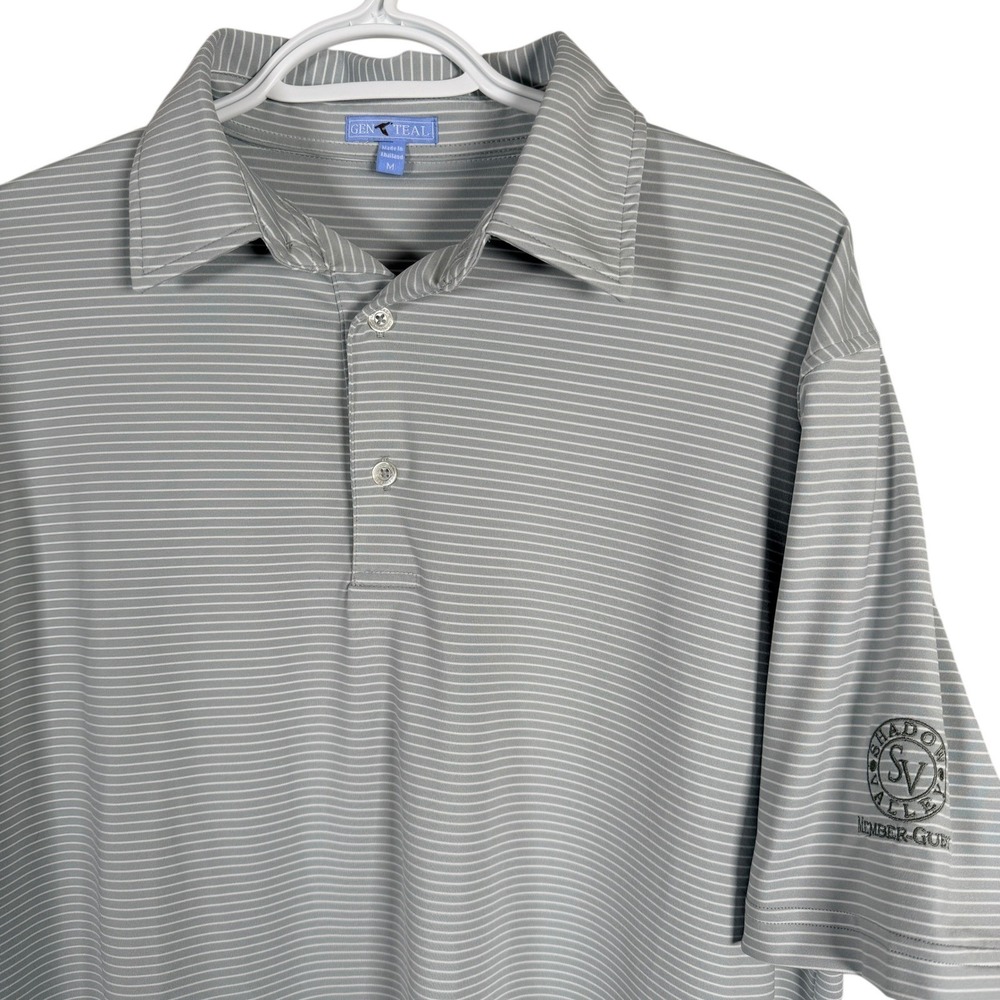 GenTeal Polo Golf Shirt Mens M Gray Striped "Shadow Valley" Logo Stretch